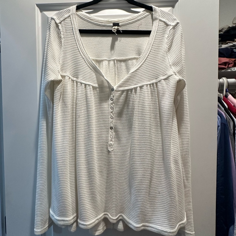 Free People Long Sleeve Waffle Weave Thermal Henley Babydoll Top